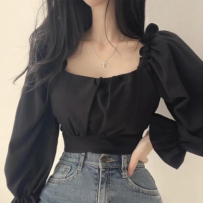 시크한 스프링 스퀘어 칼라 백 타이 버터플라이 매듭 허리 조절 긴팔 셔츠 유니크 디자인 센세이션 여성 패션