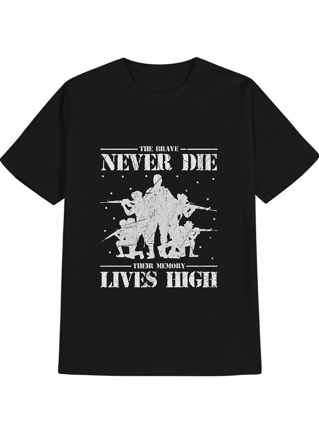 

with Soldier Silhouette&"THE BRAVE NEVER DIE"Motivational- Military-Inspired Design-100% cotton O-neck printed men's T-shirt.