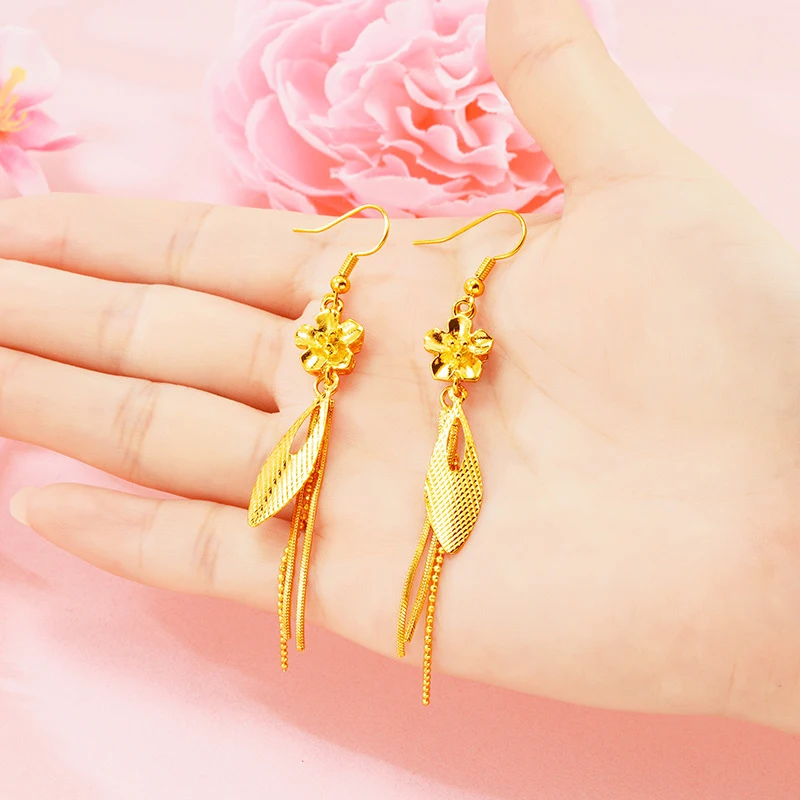 Light Luxury 24K Gold Tassel Earrings For Women, Fairy Rose AU999 Long Dangle Earrings Influencer Popular Jewelry