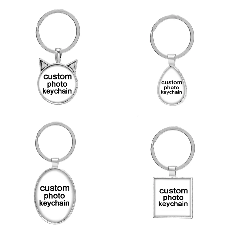 Personalized Custom Cat Dop Oval Sqaure photo cabochon demo flat back keychain Bag Car key Rings Holder Charm silver plated