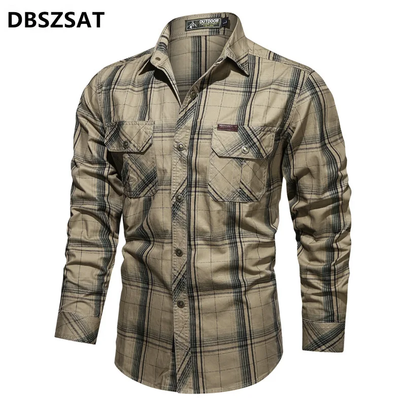 

2023 new Casual Plaid Shirt Men Spring Autumn 100% Cotton Oversized Dress Shirts Male Military Long Sleeve Shirts Men Camisa