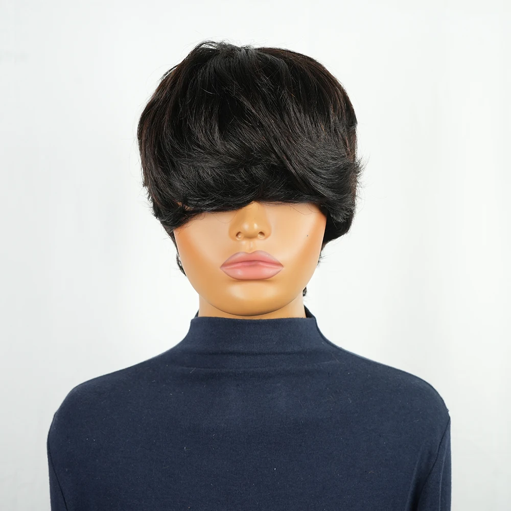 Короткие парики боб из натуральных волос с челкой Натуральный черный короткий парик Короткие многослойные парики Полностью машинного производства для чернокожих женщин