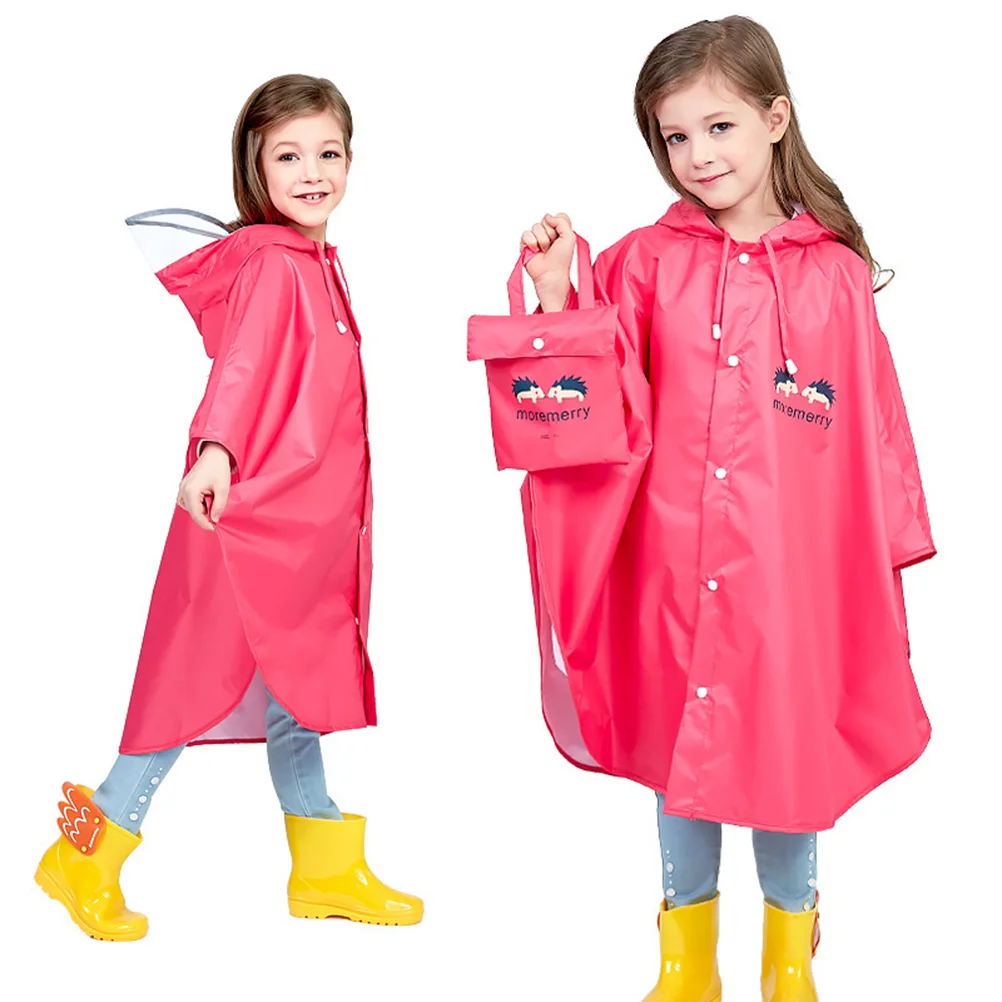 

Reusable Kids Raincoat Hooded Poncho Lightweight Portable Durable Waterproof Jacket Elastic Cuff Bright Colors School Backpack