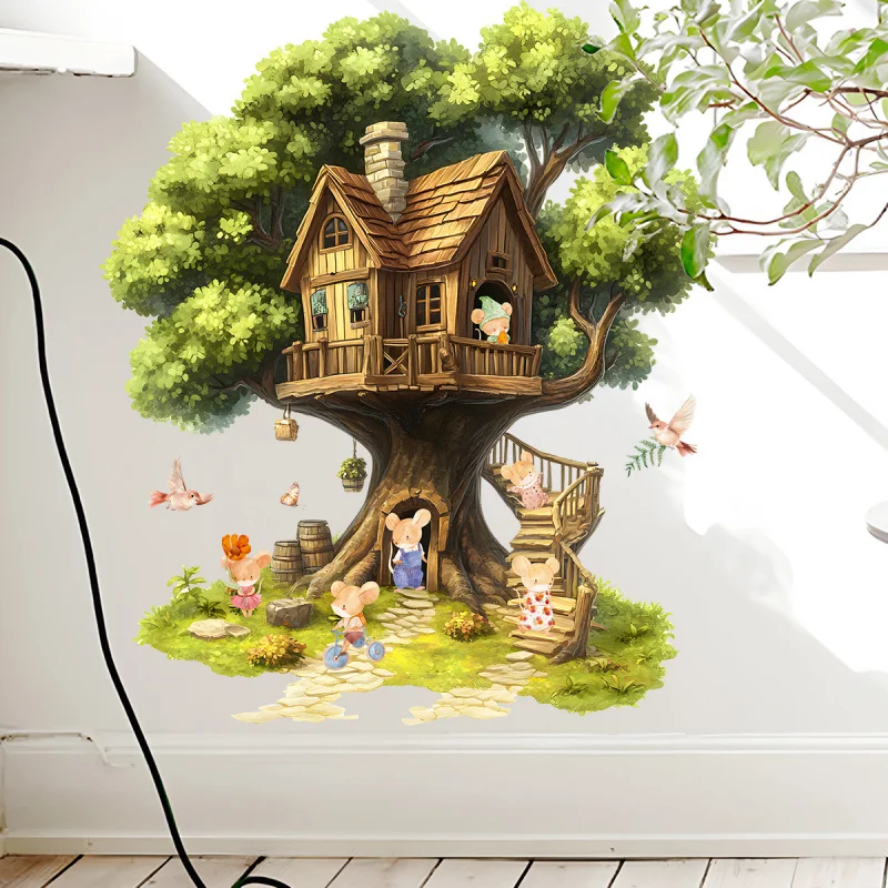 

Cartoon Little Tree House Wall Stickers Children's Living Room Wall Decoration Home Decor Sticker Self-Adhesive Removable