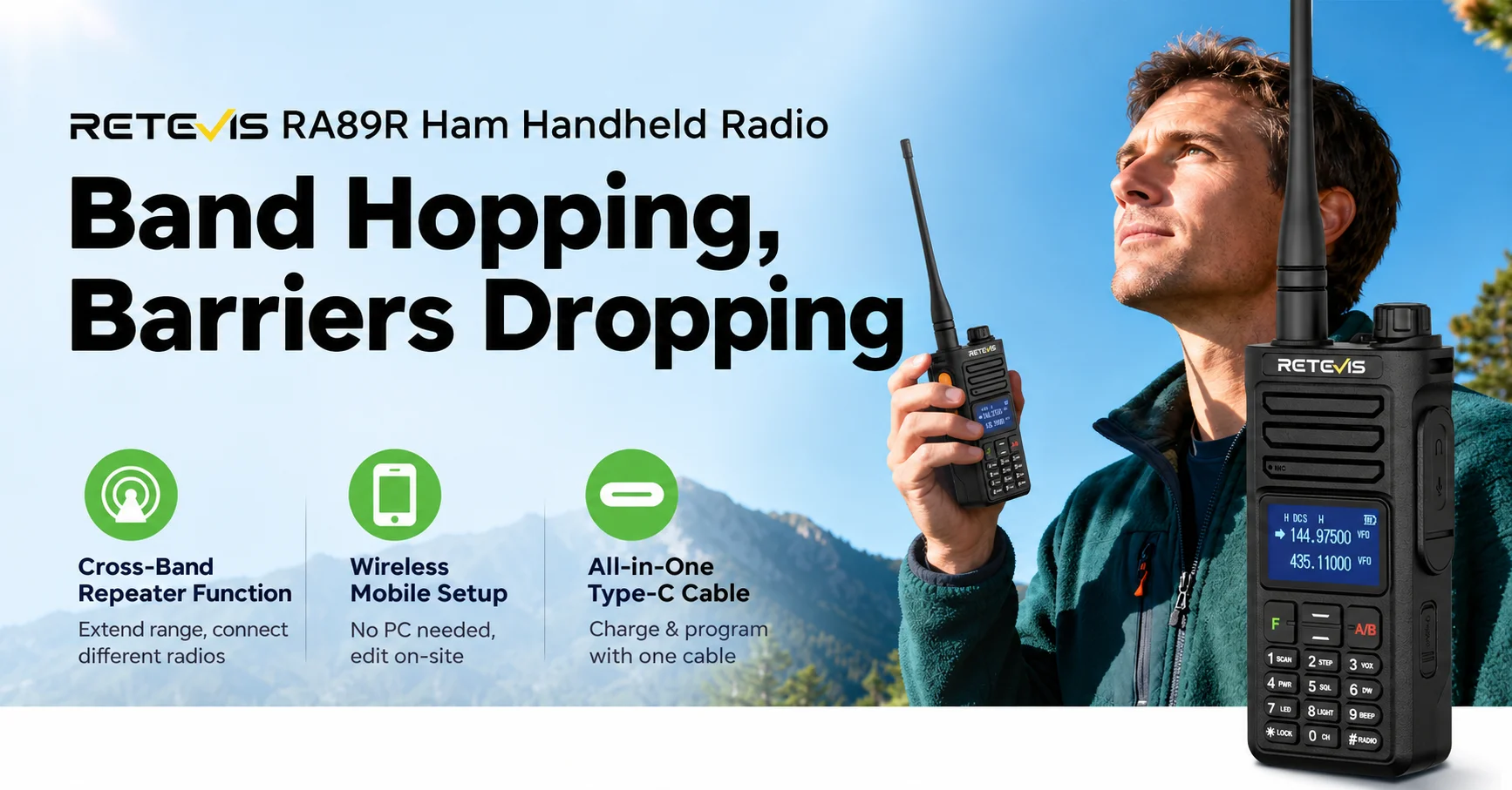 Retevis RA89R/G Walkie-Talkie / Amateurfunkgerät mit Cross-Band-Funktion (U/V-Band), Bluetooth-App-Programmierung, 2800 mAh Akku, großer Funkreichweite – ideal für Camping – Detail 1