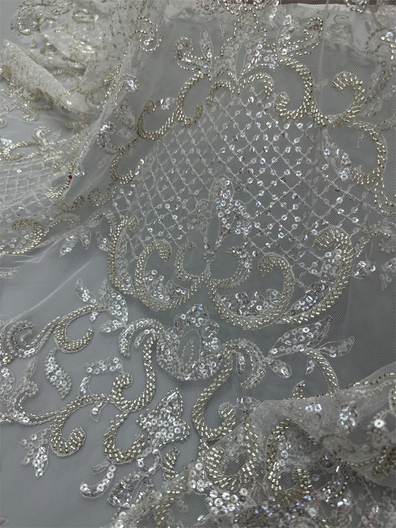 

African Sequins Lace Fabric High Quality SYJ-1308402 Beaded Nigerian French Tulle Lace Material For Wedding