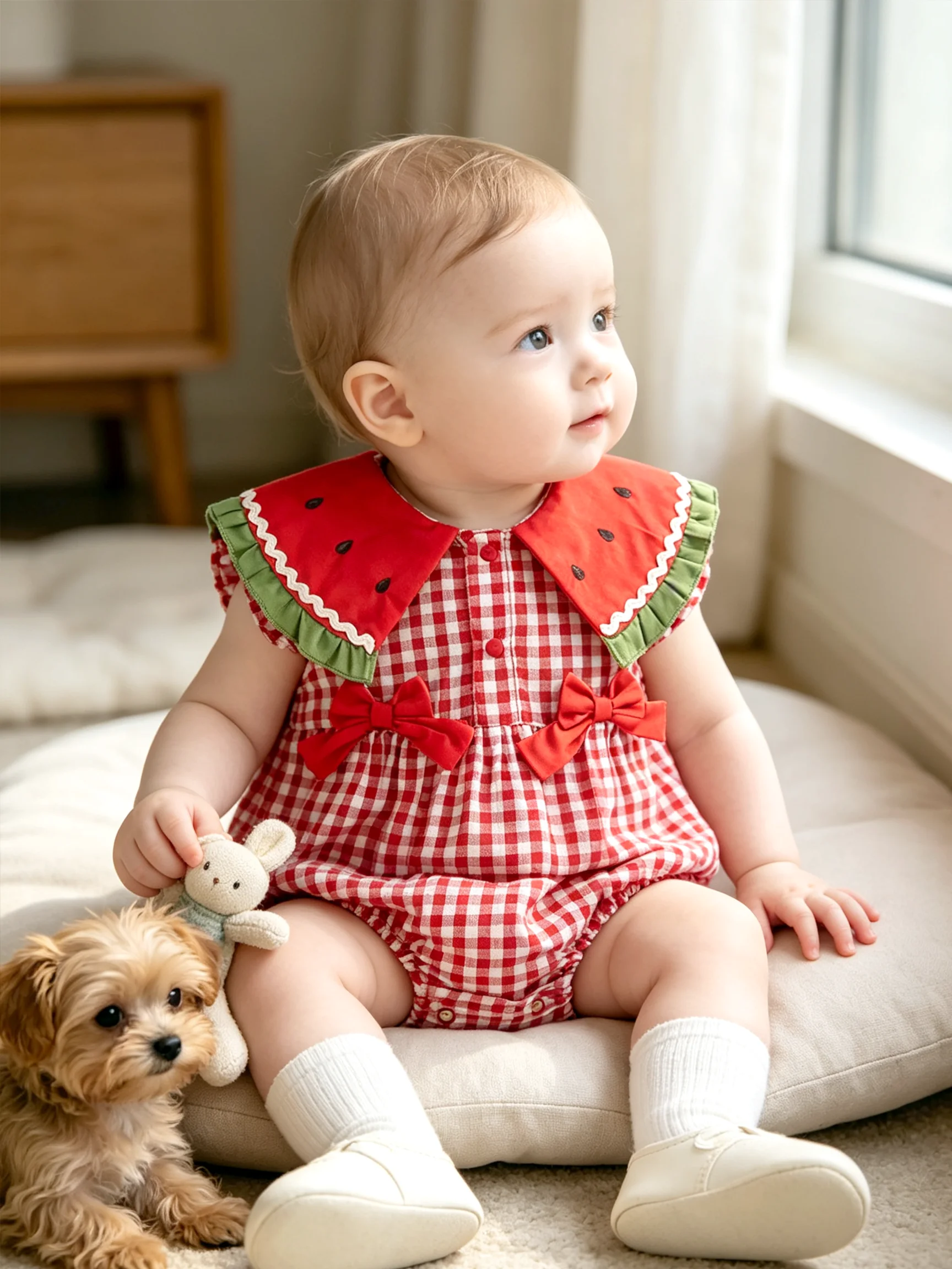 Mädchen-Strampler mit Wassermelonenkragen und Schleife, rot-weiß kariert, ärmellos, niedlicher Baby-Strampler mit Fruchtprint für Sommerpicknicks – Detail 7