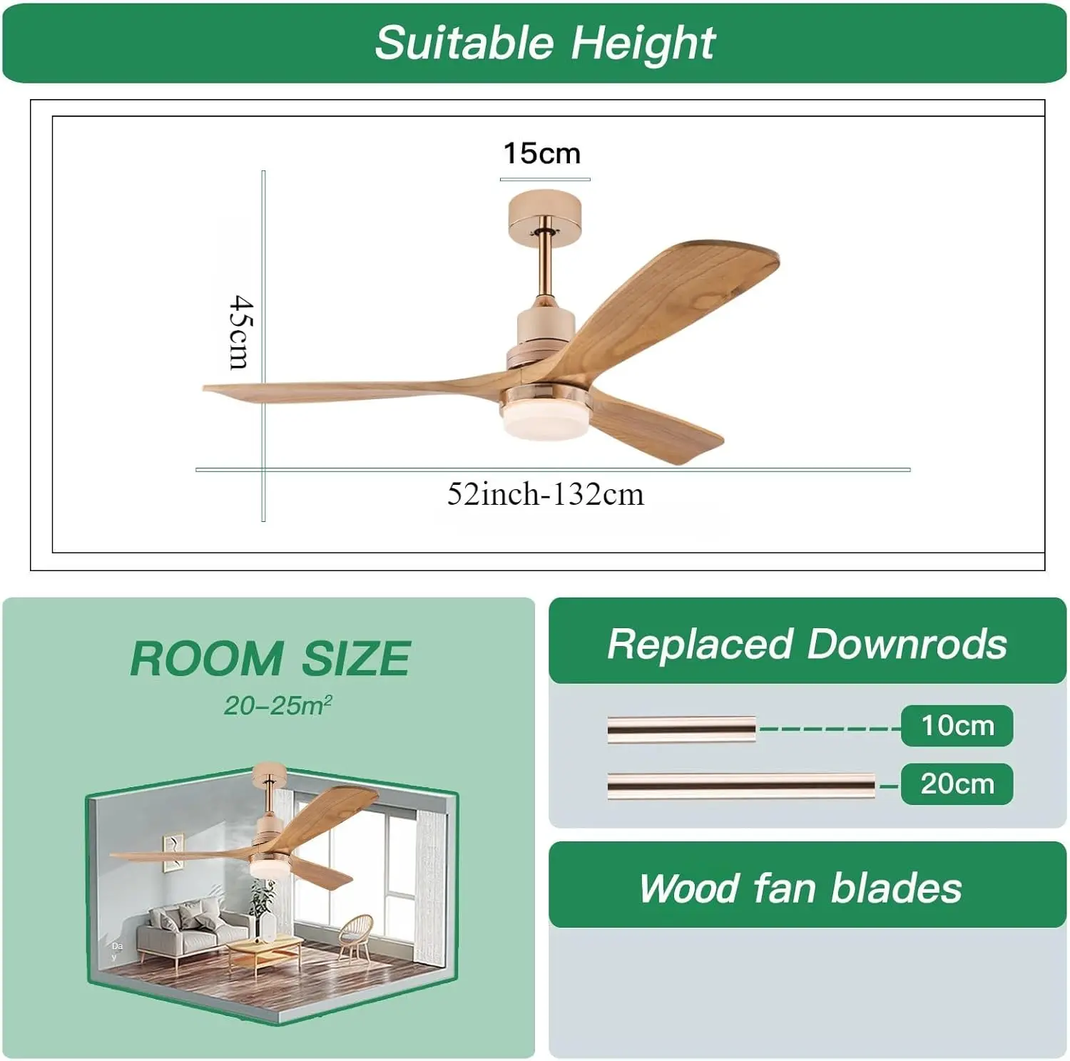 52-дюймовый деревянный потолочный вентилятор с 3 лопастями и пультом дистанционного управления для внутреннего дворика, гостиной, спальни, офиса, потолочный вентилятор со стандартом