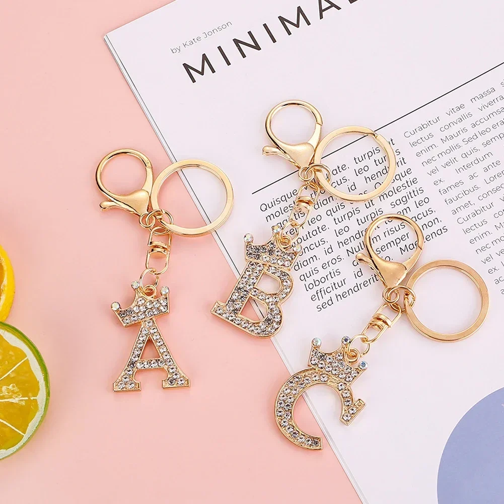 Crystal Crown 26 Letter Rhinestone Keychain Charm Gold Plated Key Ring Car Key Chains Interior Accessoreis For Women Bag Gifts