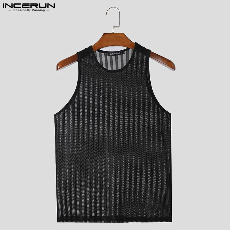 INCERUN Tops 2024 Korean Style Mens Sexy See-through Striped Vests Summer Casual Hot Sale Thin Sleeveless O-neck Tank Tops S-5XL