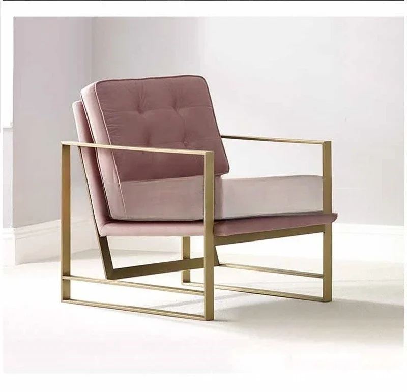 北欧風ライトラグジュアリーメタルピンクフランネルシングルソファ家具カフェホテルステンレススチールソファチェア