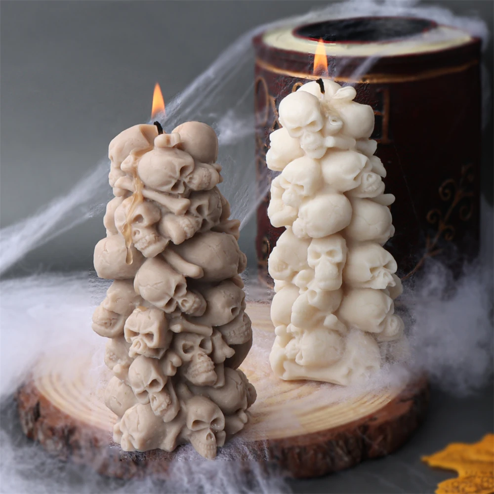 3D Skull Head Mountain Silicone Mold Relief Skull Tower Pillar Scented Candle Mold DIY Halloween Skull Plaster Home Decor Tool