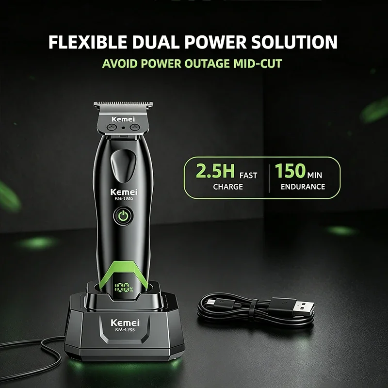 Kemei KM-1385 Trimmer for Men T-Blade 7500RPM 5W DC Motor with Dock LED Display Professional Hair Clipper Finishing Machine