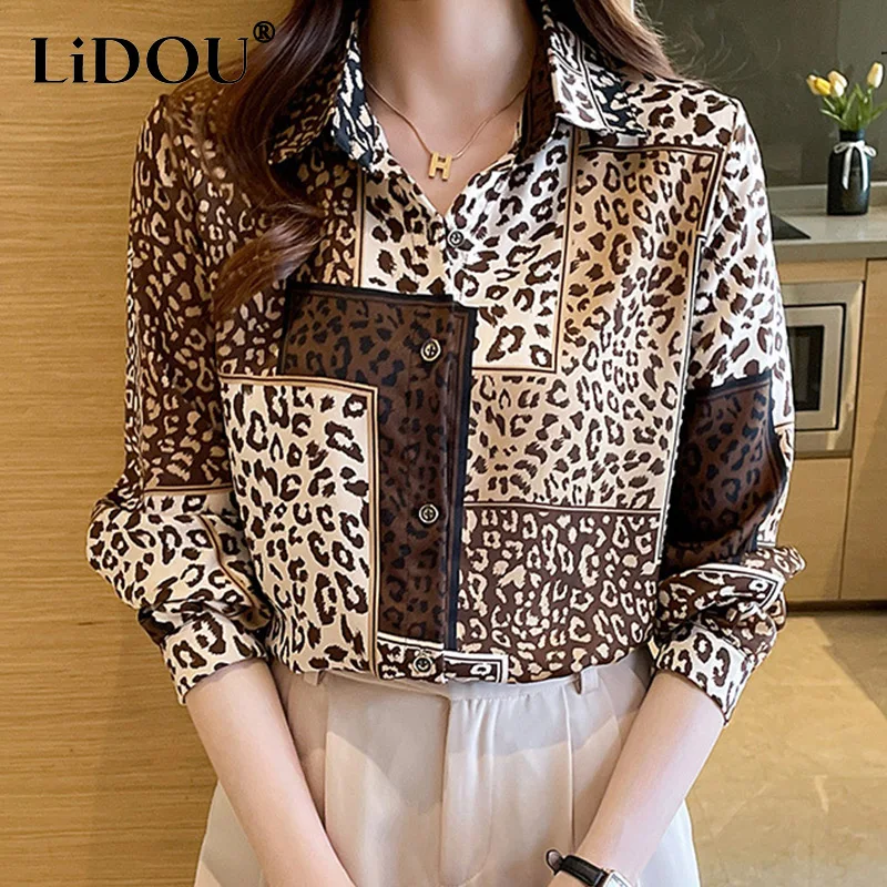 2022 primavera novo leopardo retalhos impressão de cetim camisa feminina estilo coreano polo pescoço manga comprida blusas elegante moda casual topo