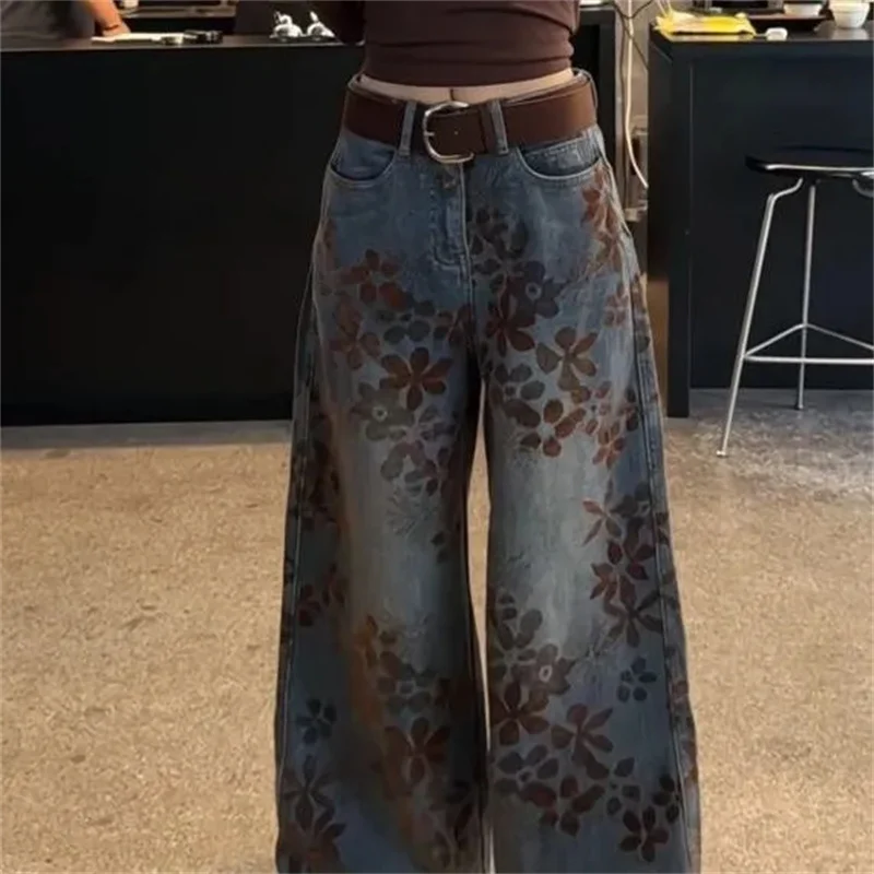Retro Spicy Girl Slimming Plush Thick Jeans Wide Leg Pants Spring 2026 Women Mid-rise Loose Design Feeling Jacquard Floor Pants