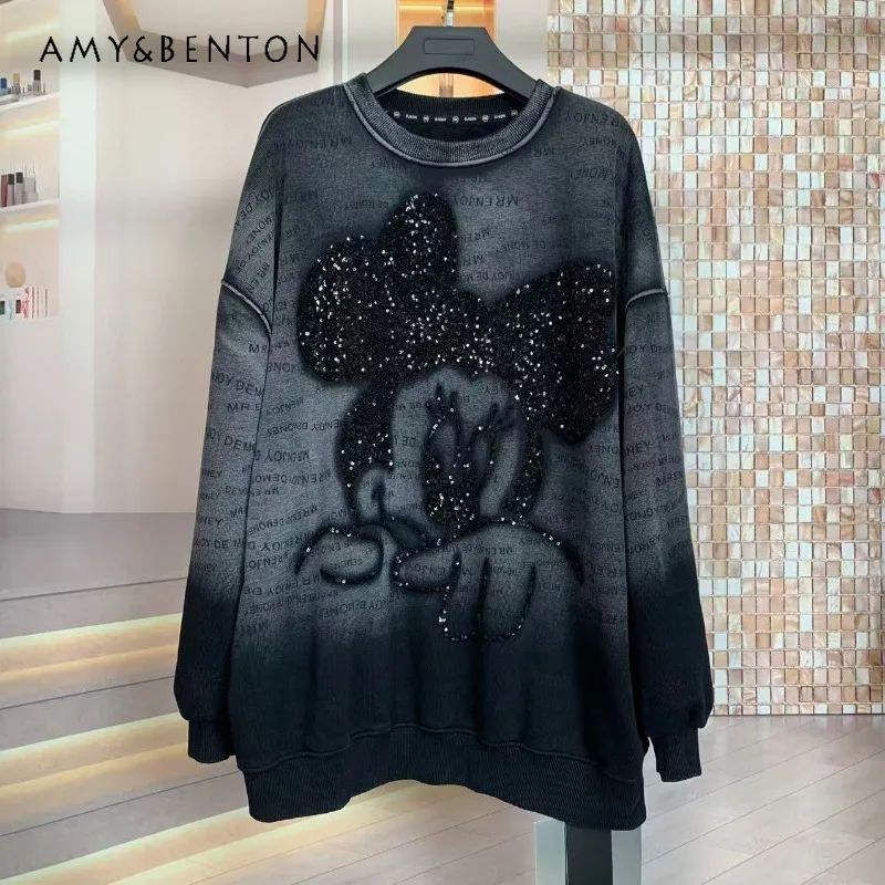 

Popular Autumn Winter Fleece Hoodies Heavy Industry Wash Letter Cartoon Youthful Loose Fashion O-Neck Sweatshirt Top For Ladies