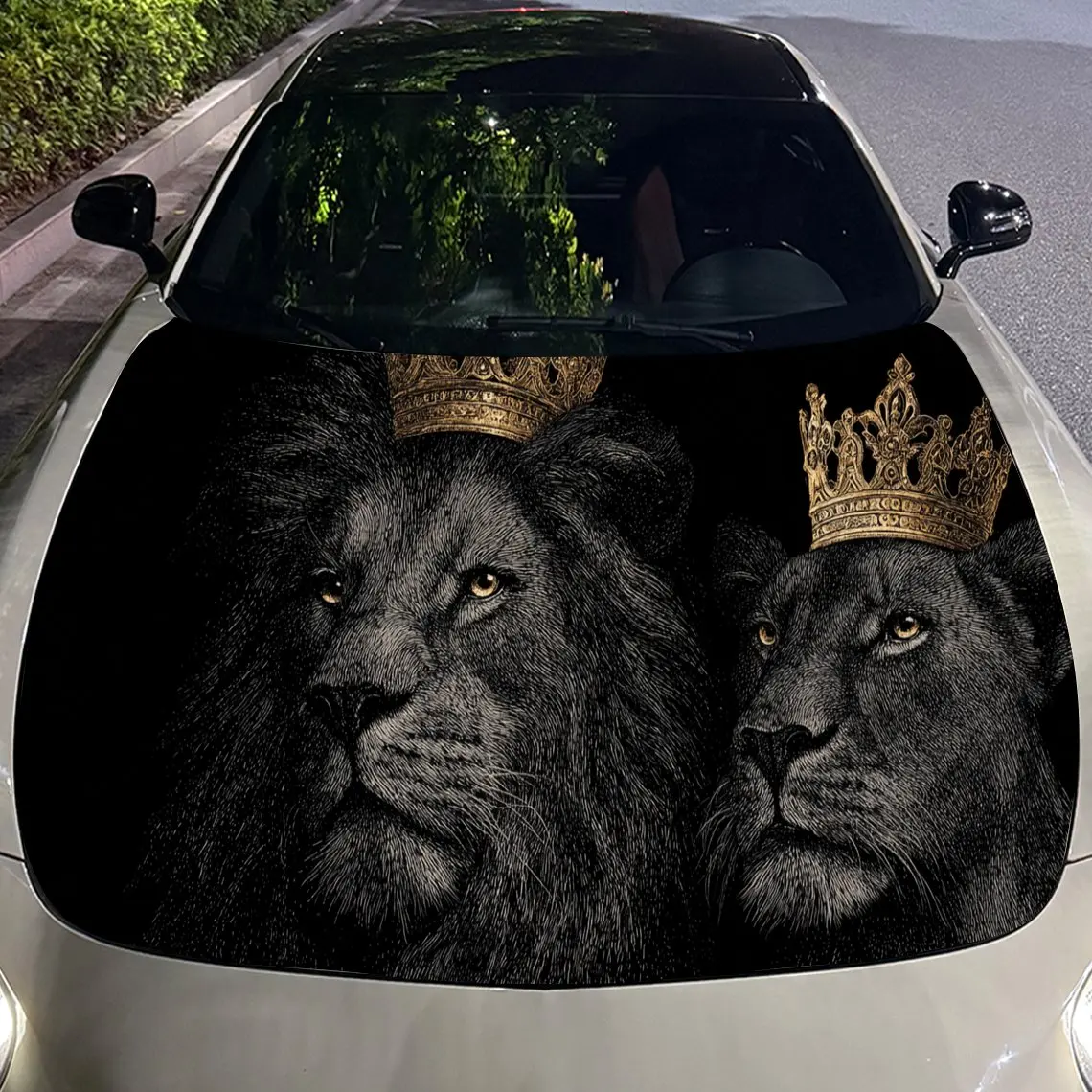 Car Decal Lions (Male and Female) with Golden Crowns in Artistic Dark Background & Royal-Distinguished Visual Details Car Hood S - view 4