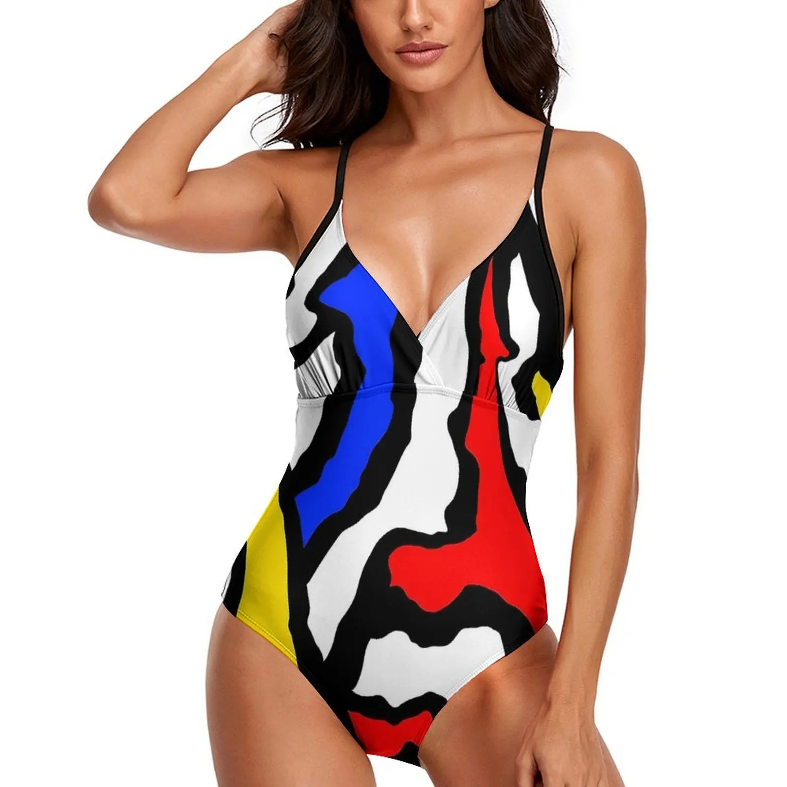 

Купальник Mondrian, сексуальный купальник в полоску, красный, желтый и синий, с высоким вырезом, цельный модный боди для серфинга, пуш-ап, индивидуальная пляжная одежда