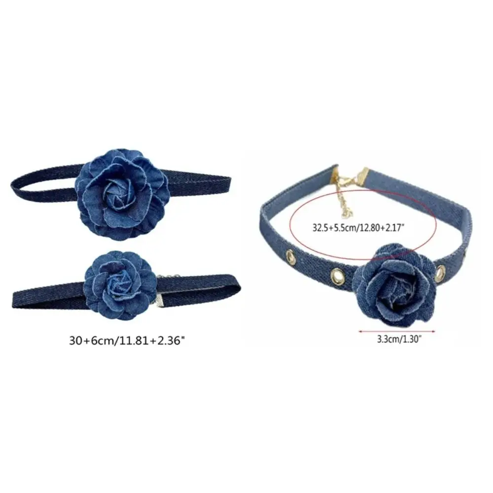 Big Rose Flower Trend Choker Denim Necklace Adjustable Clavicle Chain Y2K Style Collarbone Chain Women Jeans Cloth Necklace