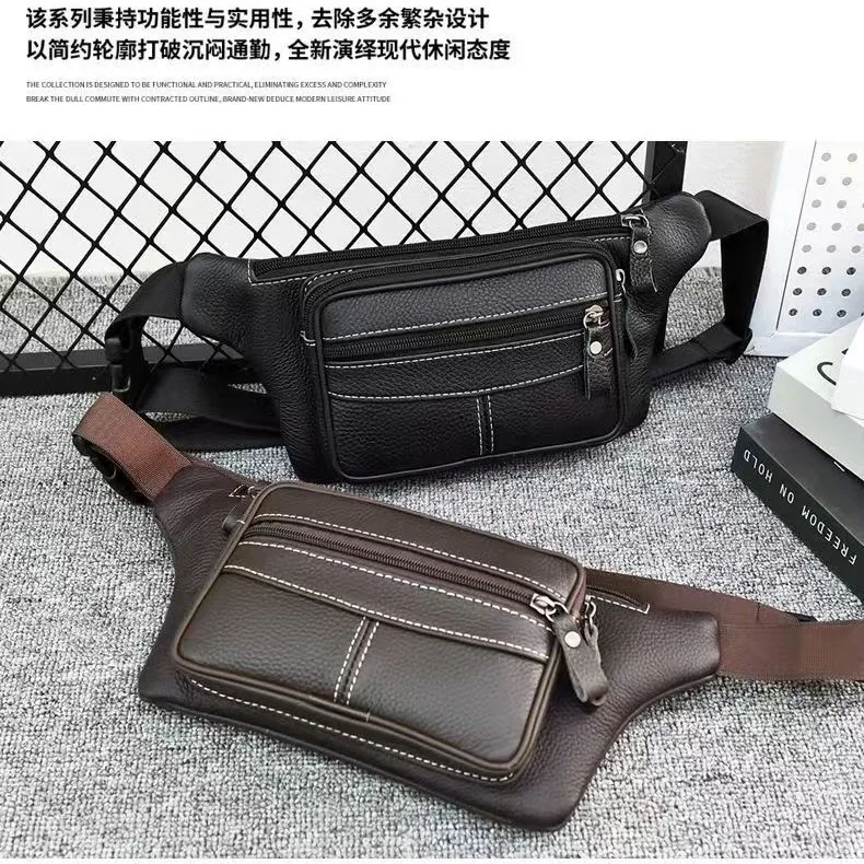 Men's close-fitting waist bag with multi-layer large capacity real leather women's chest bag light commuting bag