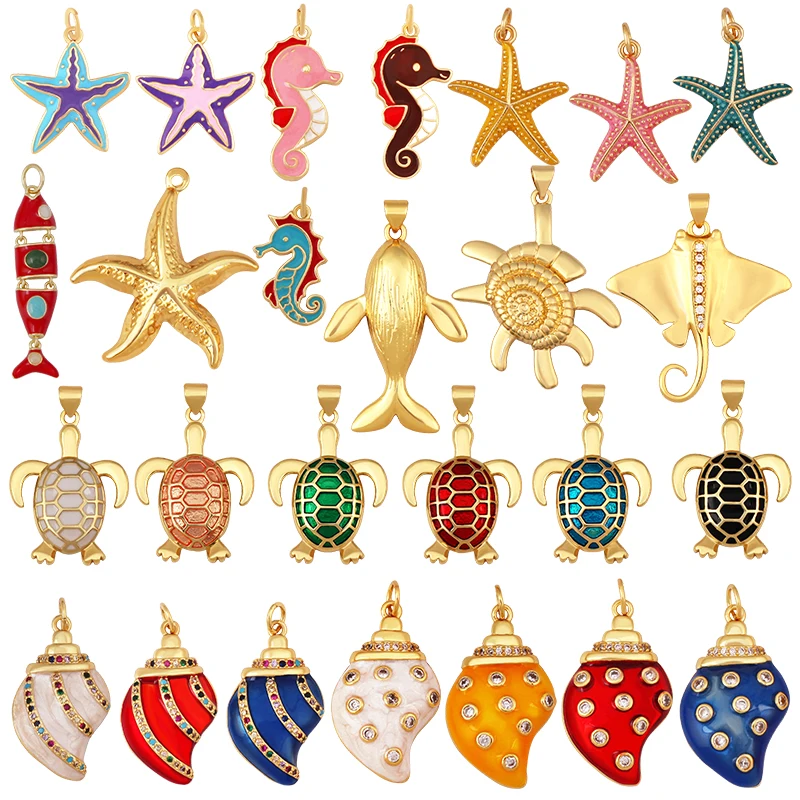 Conch Fish Whale Starfish  Turtle Crab Marine Sea Shell  Charm Pendant,Gold Plated Zircon Jewelry Finding Supplies S80