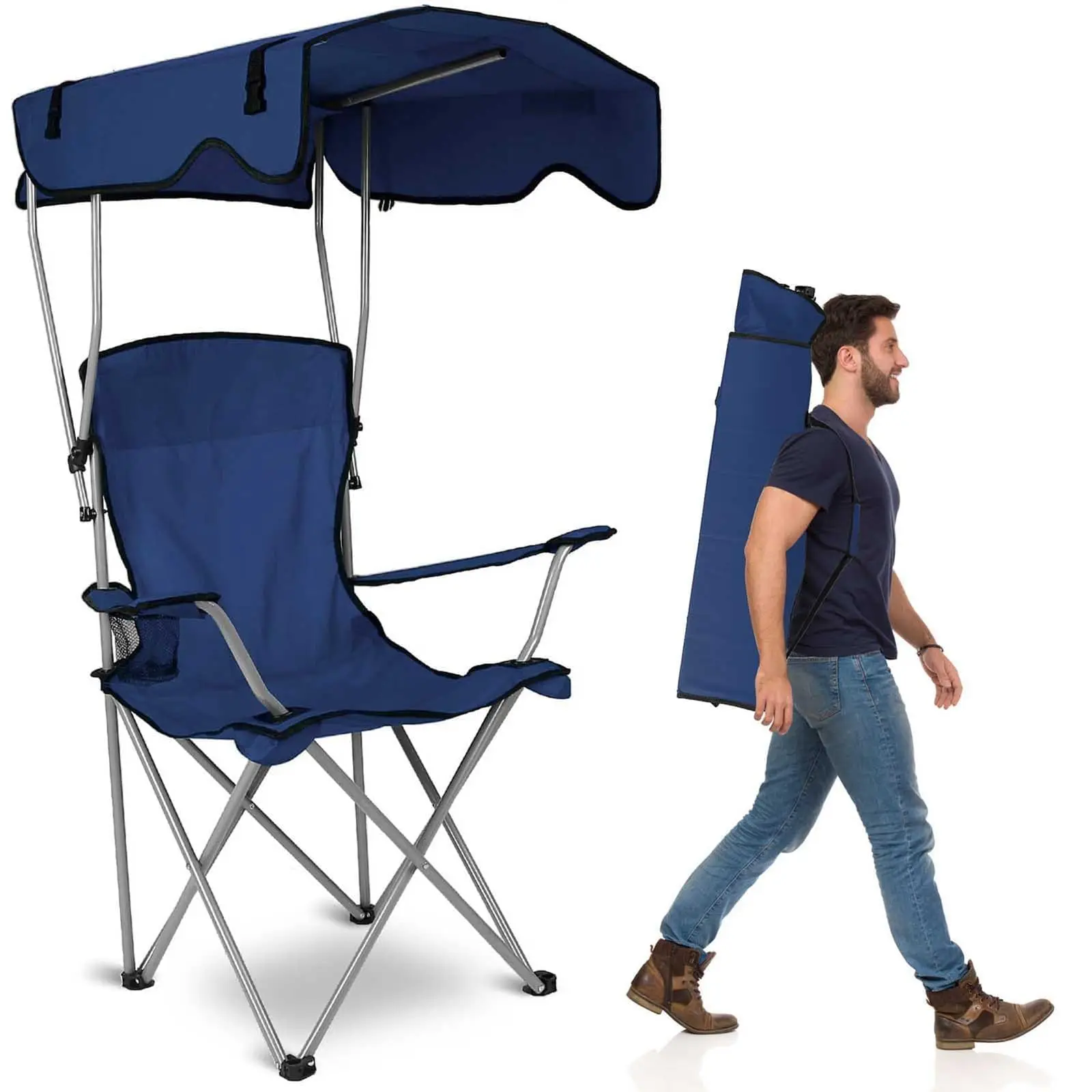 Camping Chair with Canopy, Outdoor Folding Lounge Chair with Adjustable UPF 50+ Sun Shade & Cup Holder, Portable Camping Recline