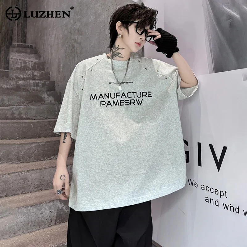 

LUZHEN рукав 2025 стильные футболки мужские уличные новые короткие оригинальные модные топы с буквенным принтом на пуговицах в стиле пэчворк LZ9689