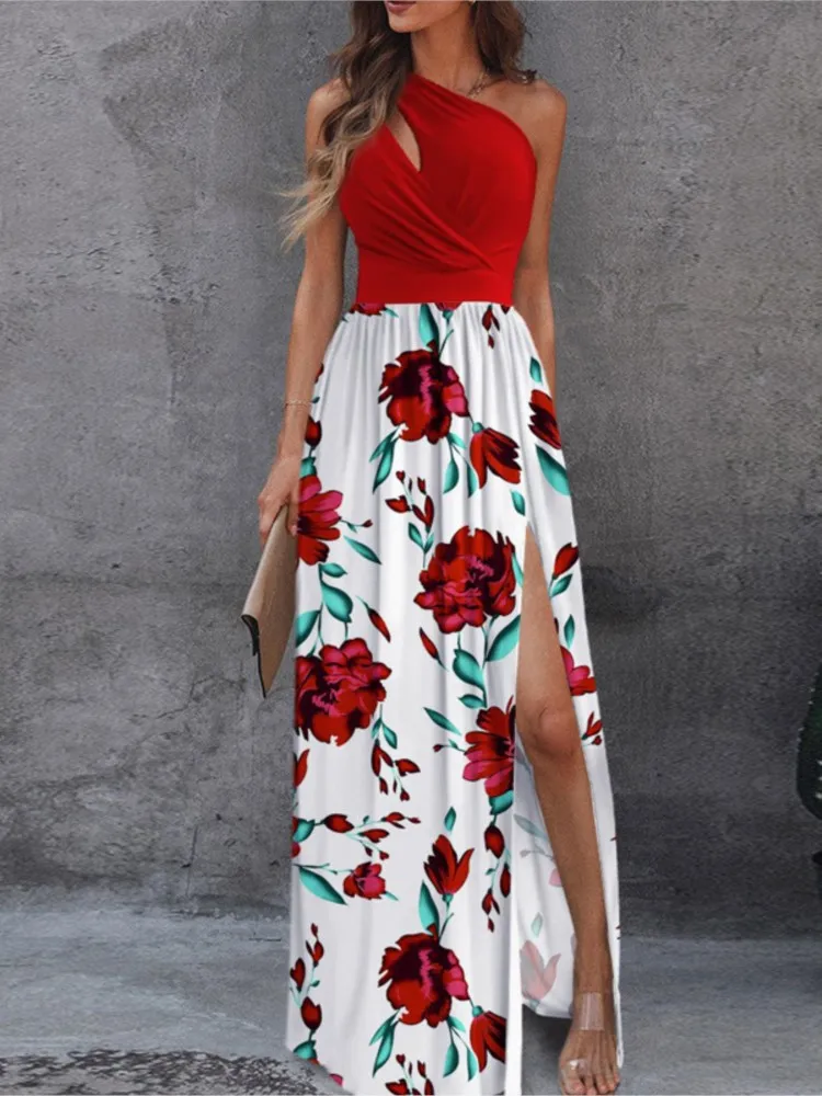 

Fashion Printed Flower Neck Irregular Collar Dress Elegant Short Sleeve Slim Waist Pleated Maxi Open Slit Dress Women's Clothing