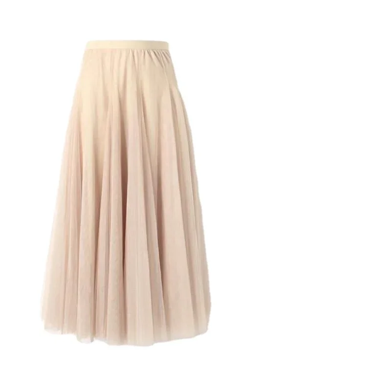 Pleated Skirt Mesh Gauze Mid-length Large Swing Dance Long Skirts for Women Solid Color Breathable and Comfortable Polyester