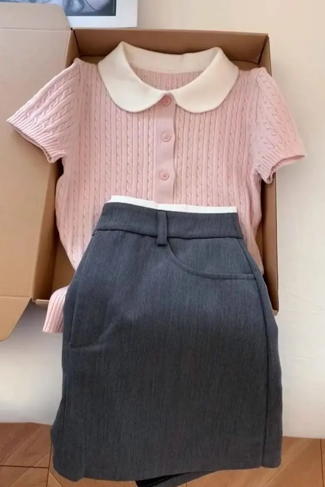 

​​Spring Summer Knit Coordinated Set Pastel Pink Shift Dress Flirty Skirt Women's Versatile Modern Romance​​