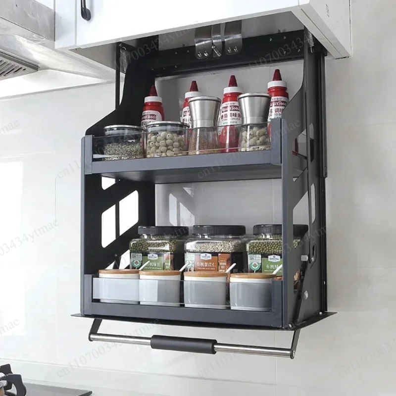 Vertical Pull Down Spice Basket for Tall Kitchen Cabinets Up-Down Lifting Seasoning Storage Organizer Rack