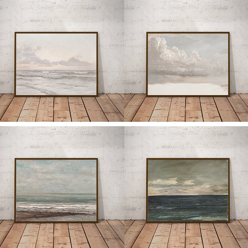 Vintage Seascape Canvas Painting Coastal Landscape Wall Pictures Pastel Beach Art Prints Living Room Farmhouse Nautical Decor