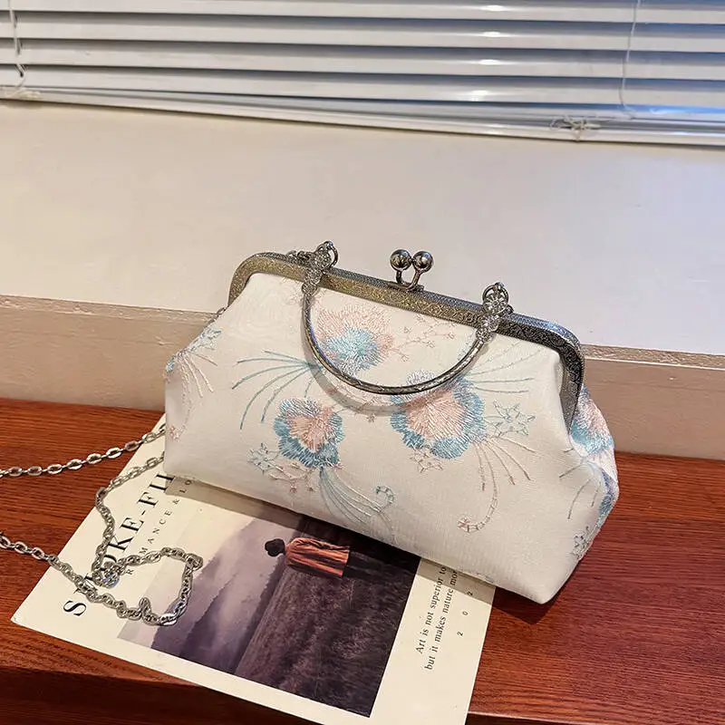 

Элегантная женская сумка-тоут в китайском стиле, пудрово-голубая, с цветочной вышивкой, ретро-застежкой и цепочкой, через плечо