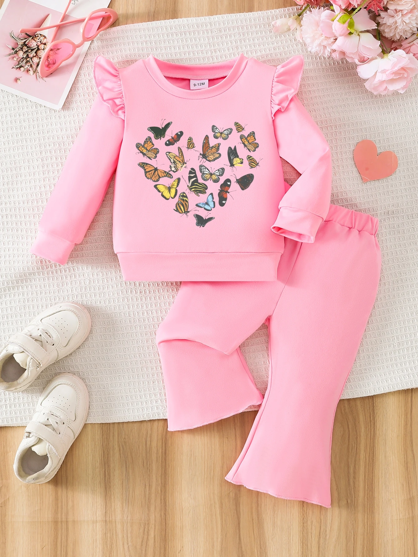 6M-3Y Baby Girls Pink Tracksuit Butterfly Heart Graphic Ruffle Long Sleeve Top Flared Trousers Children Daily Outfit