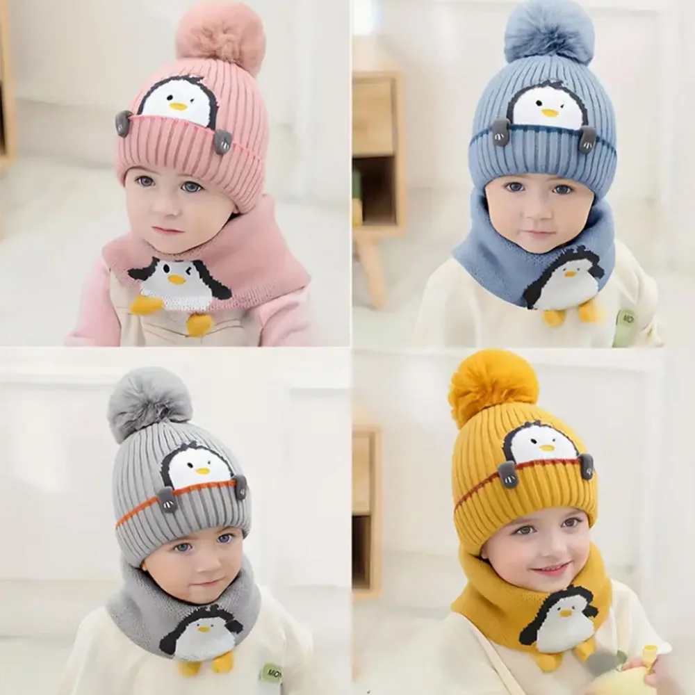 

Детский комплект зимней шапки и шарфа — мягкая вязаная шапочка с рисунком пингвина, легкая эластичная защита ушей, идеально подходит для Рождества