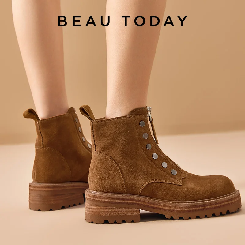 BEAUTODAY stivaletti donna pelle scamosciata di mucca argento fibbia decorazione cerniera anteriore Vintage autunno inverno scarpe da donna fatte a