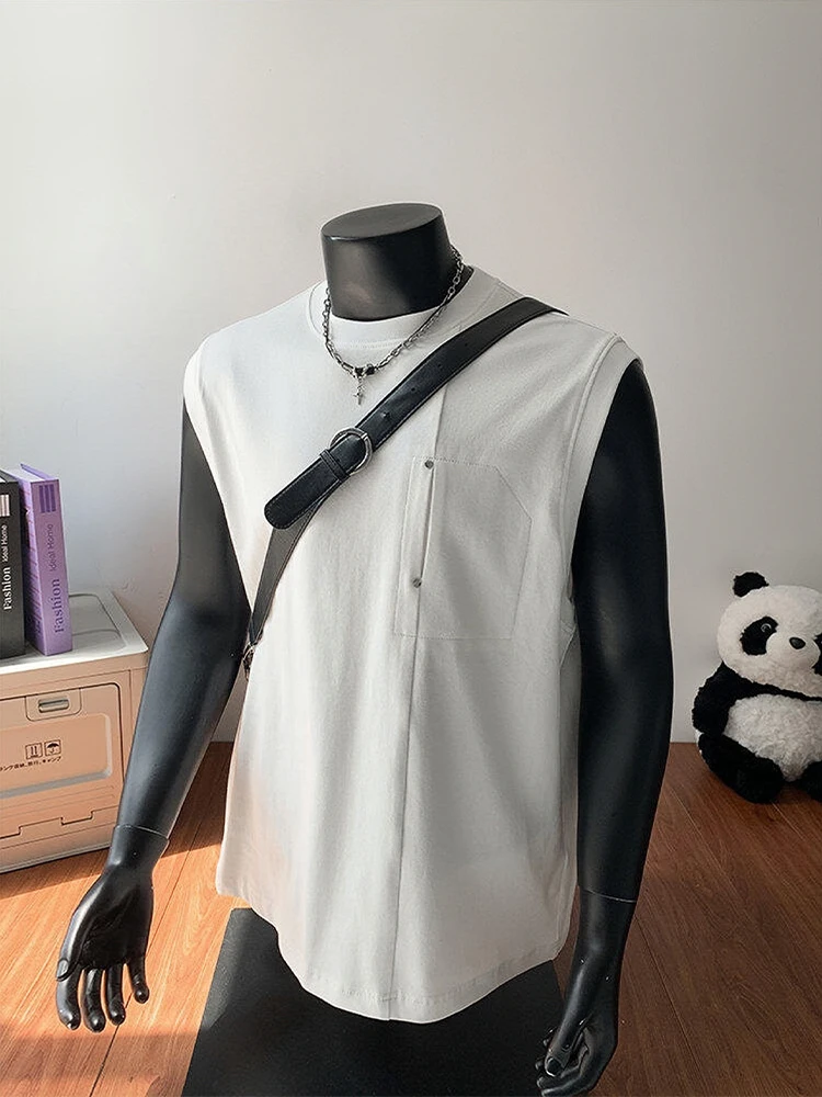 

White Heavyweight Men's Tank Top Summer American Sports round Ne Svel T-irt Loose Pure Cotton Sweatirt Upper Body