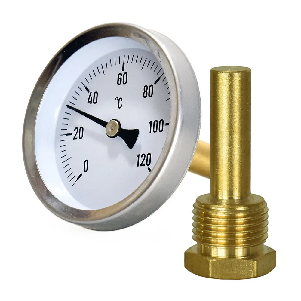 Bimetal Thermometer for Temperature Measurement 0 to 120 Celsius Dial Size 63mm Stainless Steel Case Brass Sleeve