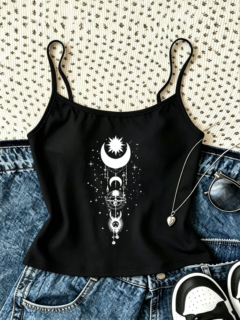 Women Gothic Moon Star Print Camisole Top Retro Sexy Casual Crop Top Vest Spring Summer Y2k Women'S Sleeveless Tank Top