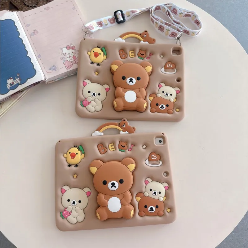 3D Cartoon Cute Bear Kids Tablet Case Silicone Shockproof Strap for iPad 5 6 7 8th 9th Air 1 2 3 Pro 9.7" 10.2" 10.5Inch Cover