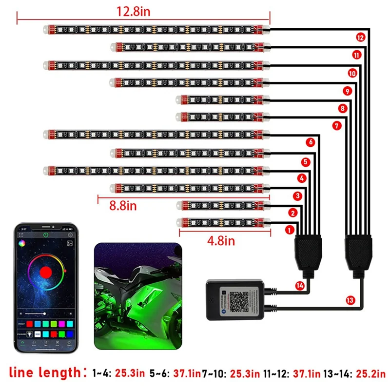 

НОВЫЙ комплект светодиодной подсветки для мотоцикла, RGB-полоски, водонепроницаемые для Davidson Honda Kawasaki Suzuki