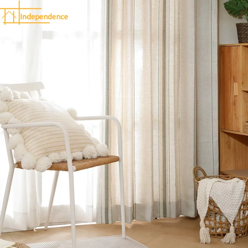 New Artistic Linen Vertical Stripe Jacquard Thickened Curtains for Living Room Bedroom Study French Window Customization