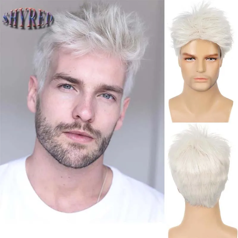 

Synthetic Short White Pixie Cut Men's Wig Layered Wigs for Male Daily Realistic Looking Fake Hair Heat Resistant