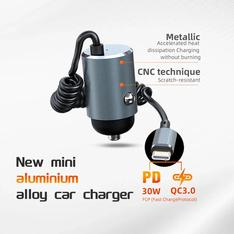 Type-C Fast Charging Car Adapter Retractable Cable USB-C Charger for iPhone Android Universal Devices
