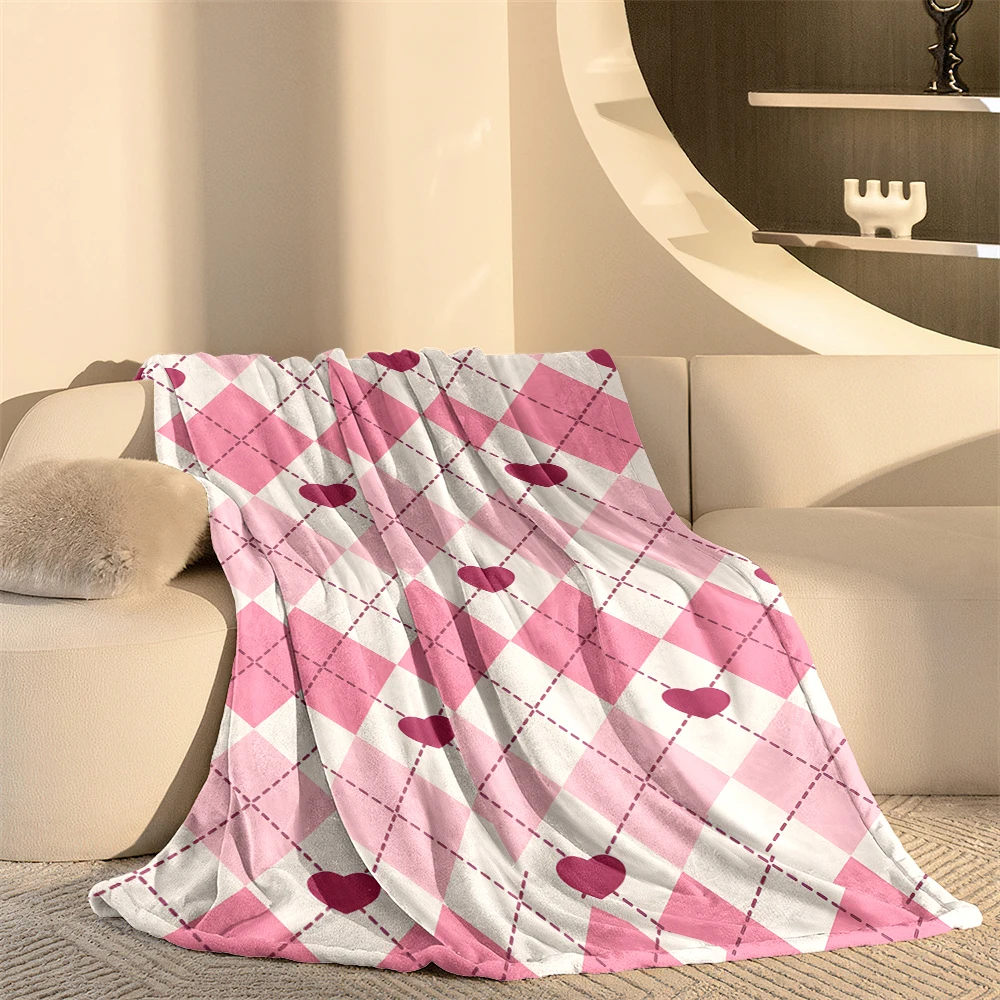 Pink Argyle Heart Cute Flannel Fleece Throw Blanket for Couch Sofa Lightweight Cozy Plush Blanket for Travel Office Nap
