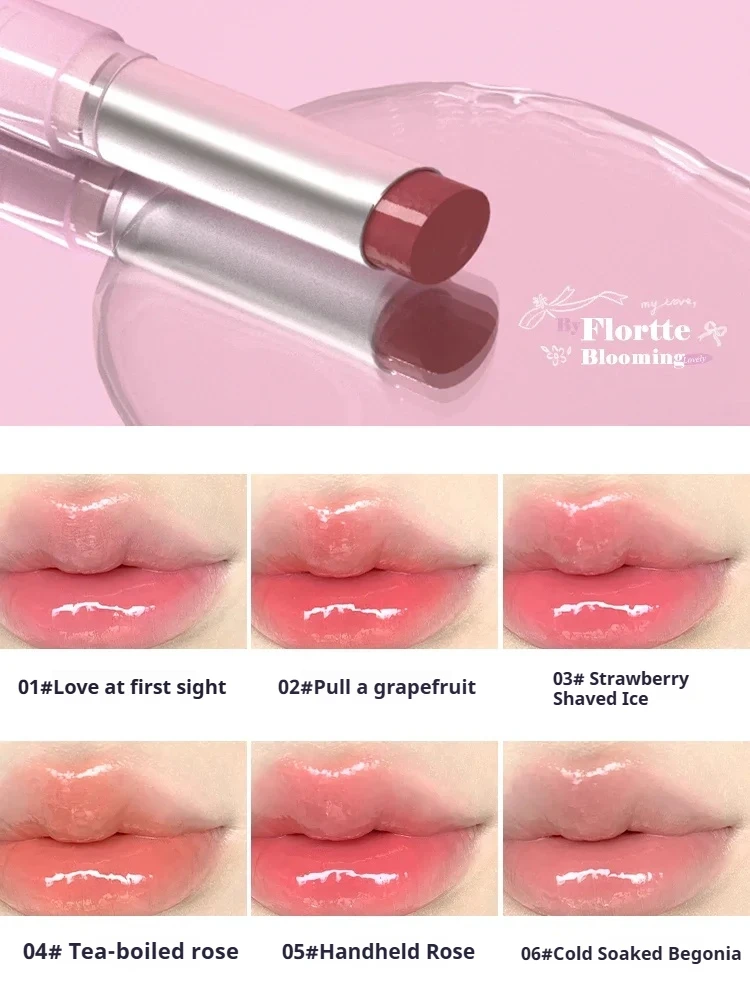 FLORTTE Lipstick Blooming Lovely Series Mirror Water Lip Glaze  Not Easy to Stick Cup Solid Lip Balm Cute Girls Makeup