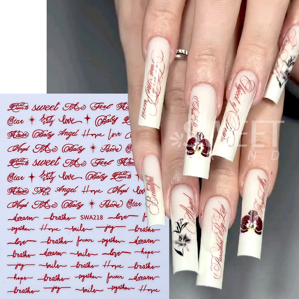 SWEET TREND-4pcs Black Red Gothic Letters Nail Art Stickers 3D Self-Adhesive Black Letter Words Nail Decals Manicure Supplies
