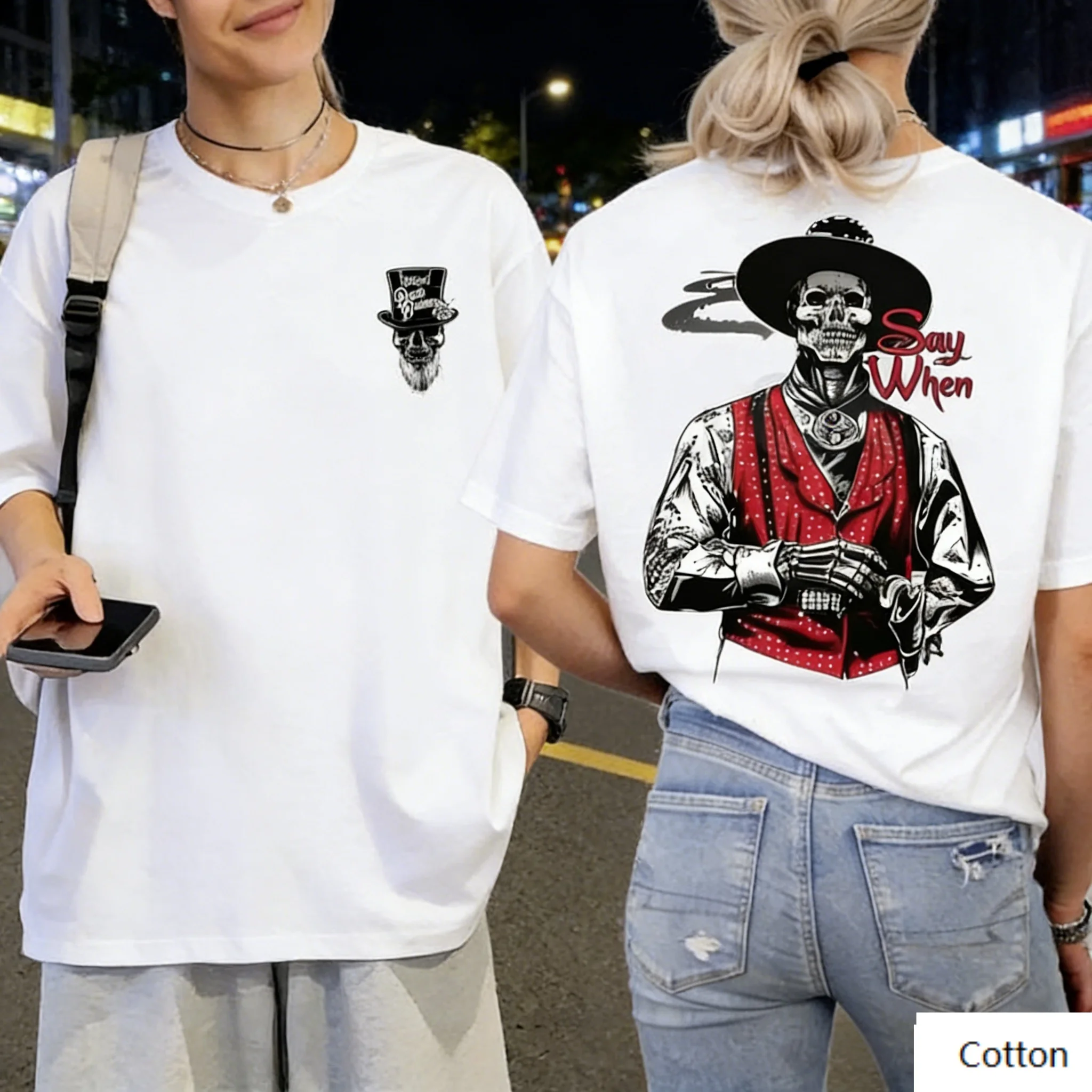 Camiseta de doble cara con estampado de esqueleto de vaquero de Say When, 100% algodón unisex, ropa urbana estilo motero occidental, camiseta con gráfico retro