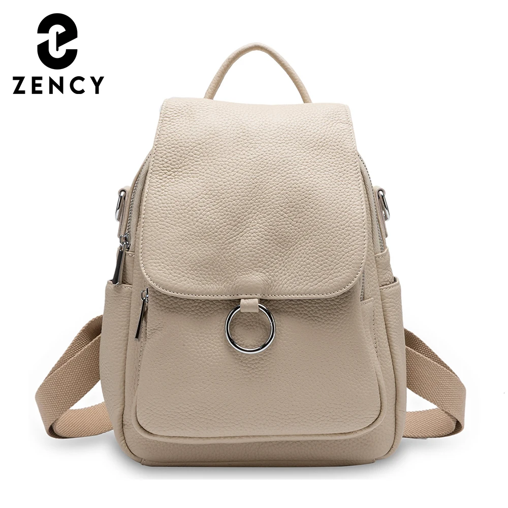 Zency New Fashion Women Backpack 100% Genuine Leather Winter Beige Daily Casual Travel Bag Classic Black Schoolbag Knapsack