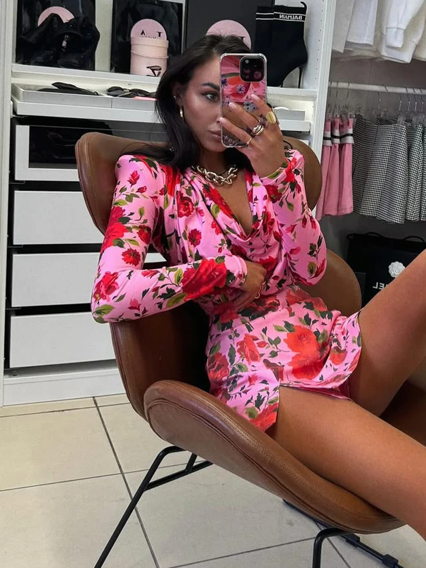 Marthaqiqi Fashion Ladies Sleepwear Suit Sexy V-Neck Nightgowns Long Sleeve Nightwear Shorts Printing Female Pajamas 2 Piece Set